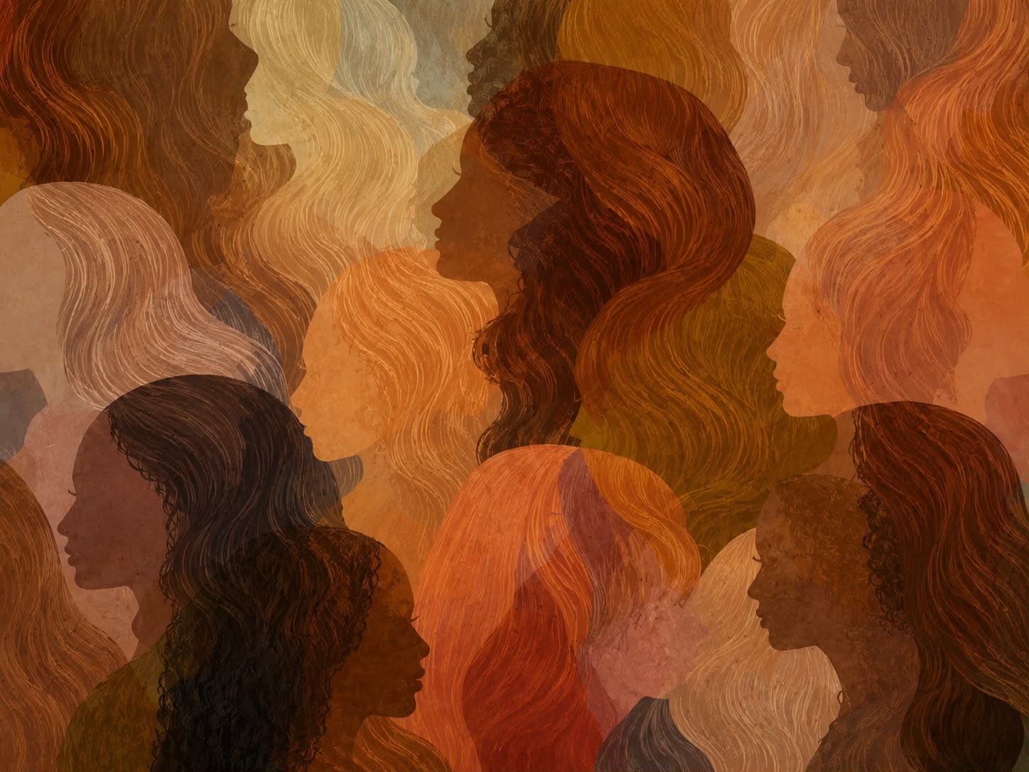 Artwork featuring layered silhouettes in warm tones