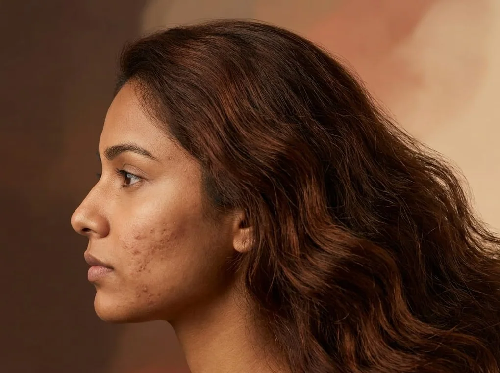 Young woman in side profile with active acne along her cheek