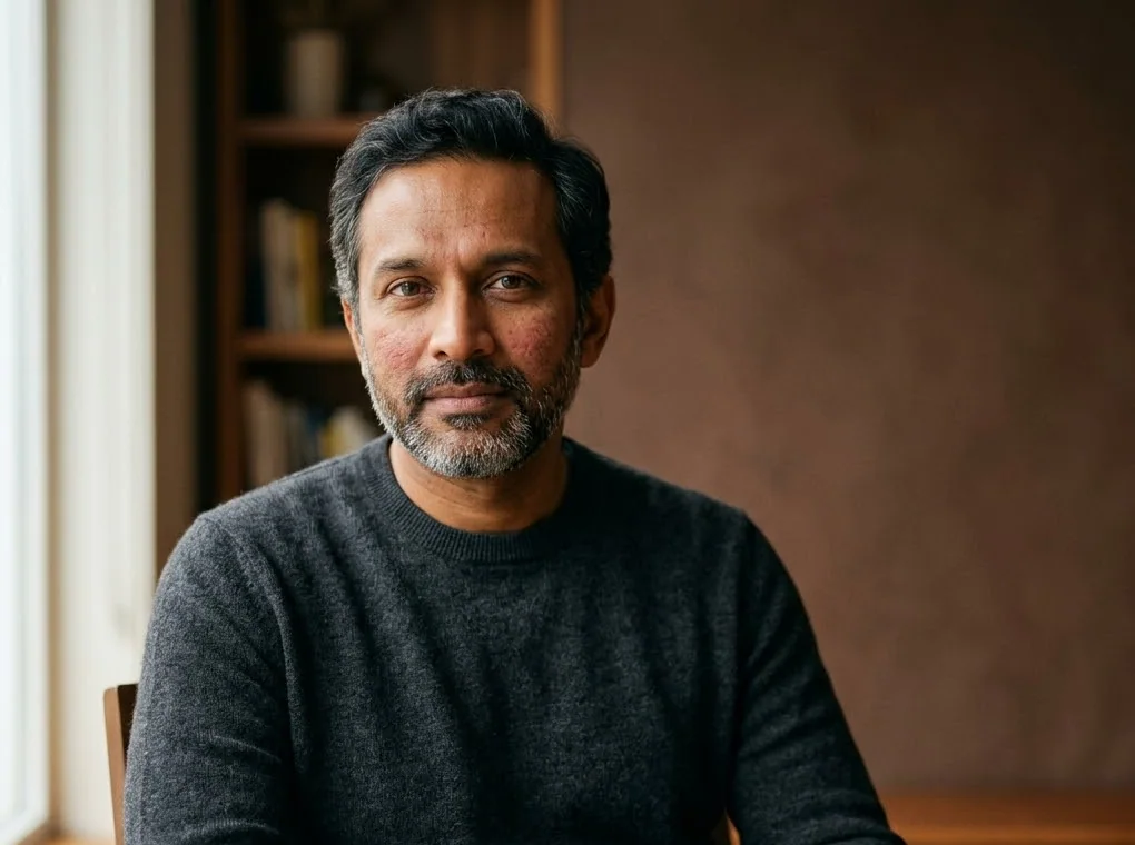 Man in a grey sweater seated by a window