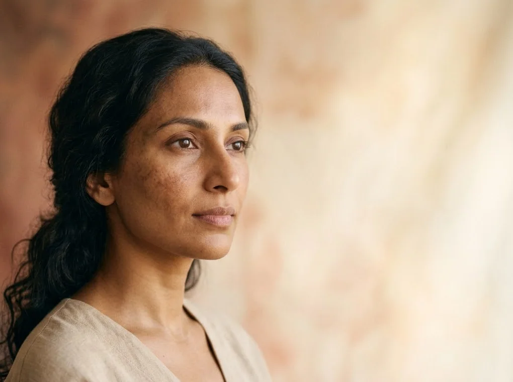 Woman with pigmentation across her cheeks, looking into the distance