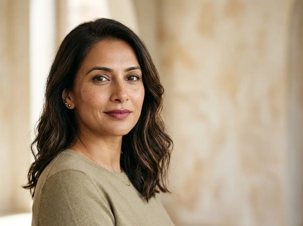 Woman in an olive top smiling gently